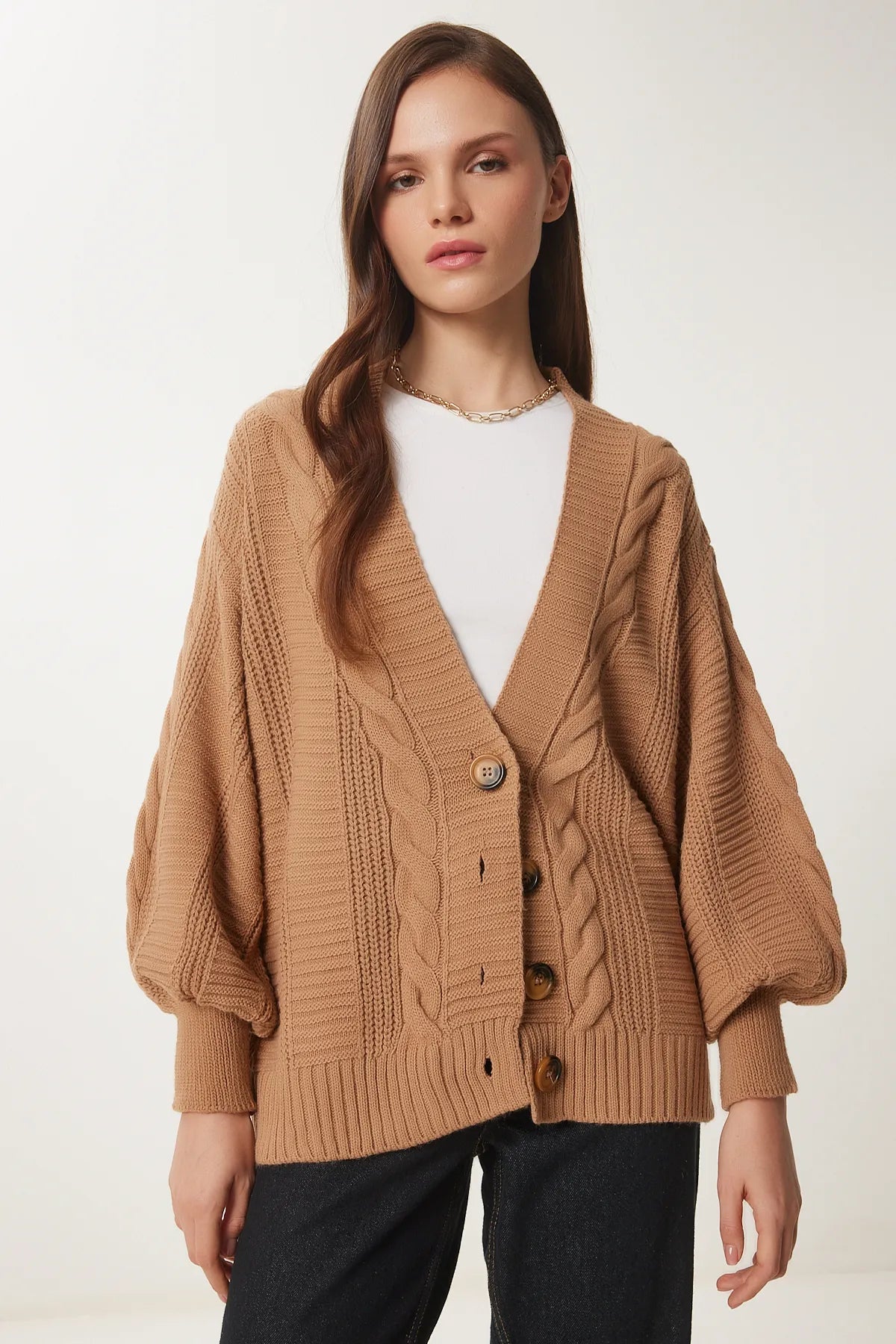 Biscuit Knitted Balloon Sleeve Casual Knit Cardigan