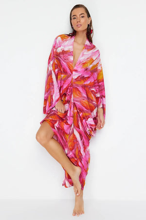 Abstract Patterned Wide Pattern Maxi Woven Gathered Beach Dress