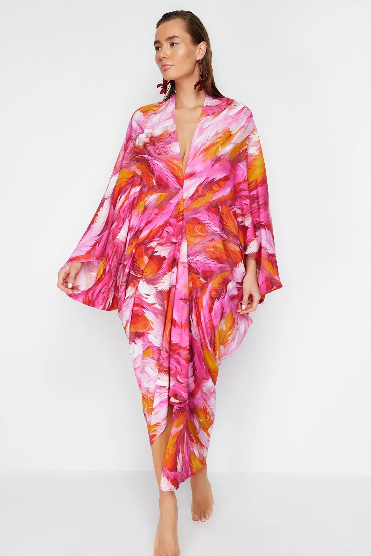 Abstract Patterned Wide Pattern Maxi Woven Gathered Beach Dress