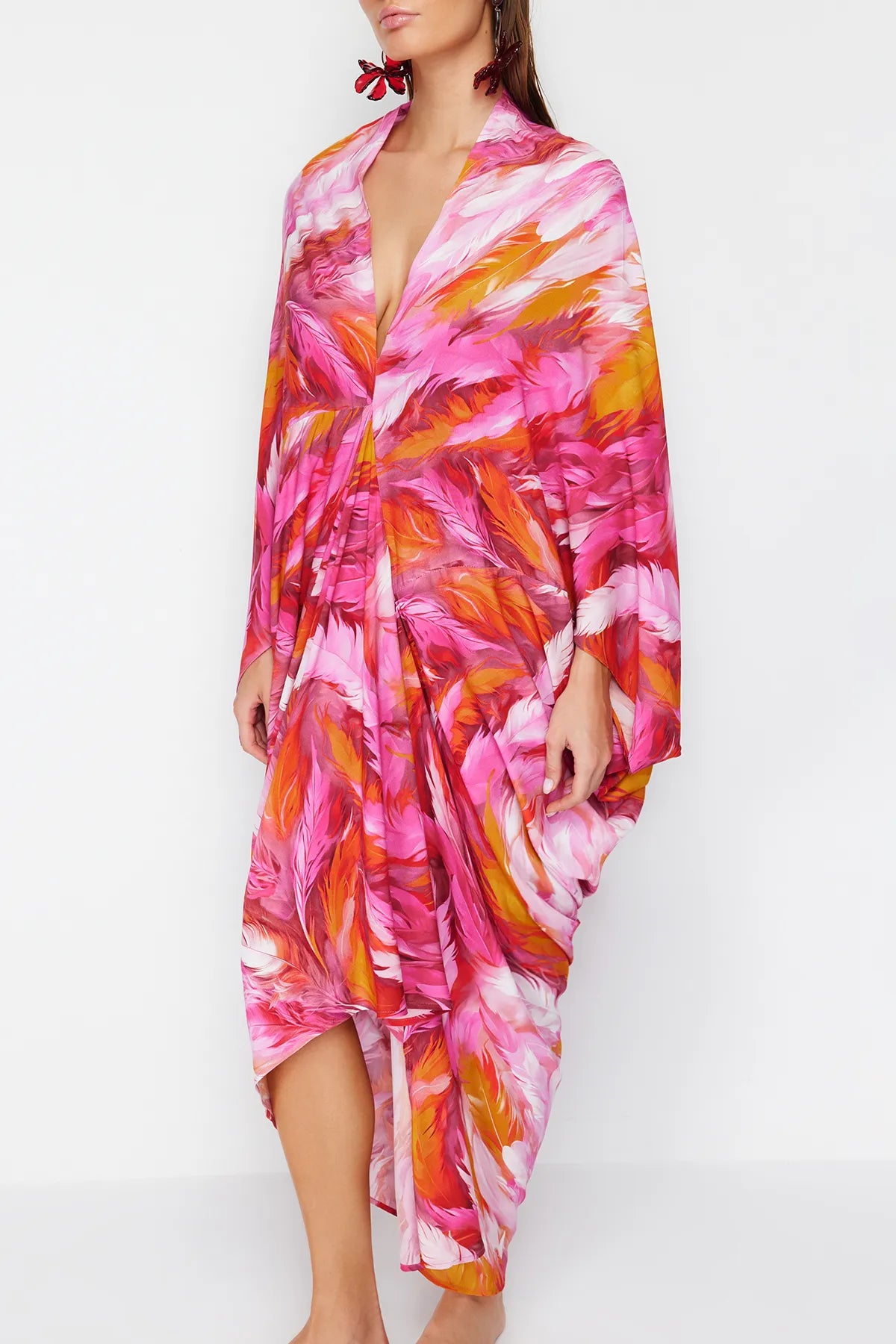 Abstract Patterned Wide Pattern Maxi Woven Gathered Beach Dress