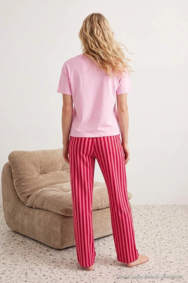 Pink Cotton Soft-Touch Stretch Striped Dog Print Knit Pajama Set