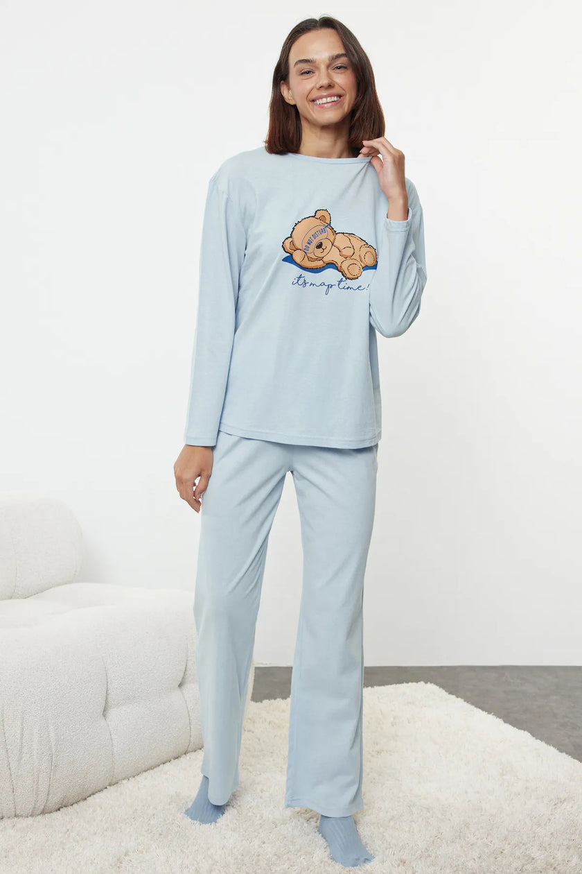 Blue Teddy Bear and Slogan Printed Knitted Pajama Set