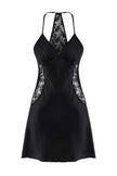 Black Satin-Woven Nightgown with Lace Detail and Straps