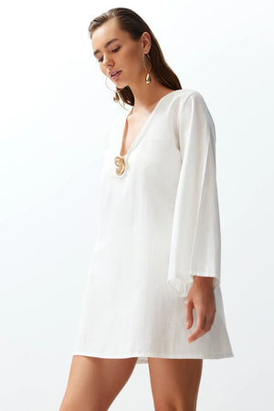 White Mini Woven Premium Shell Accessory Flame Cotton Beach Dress