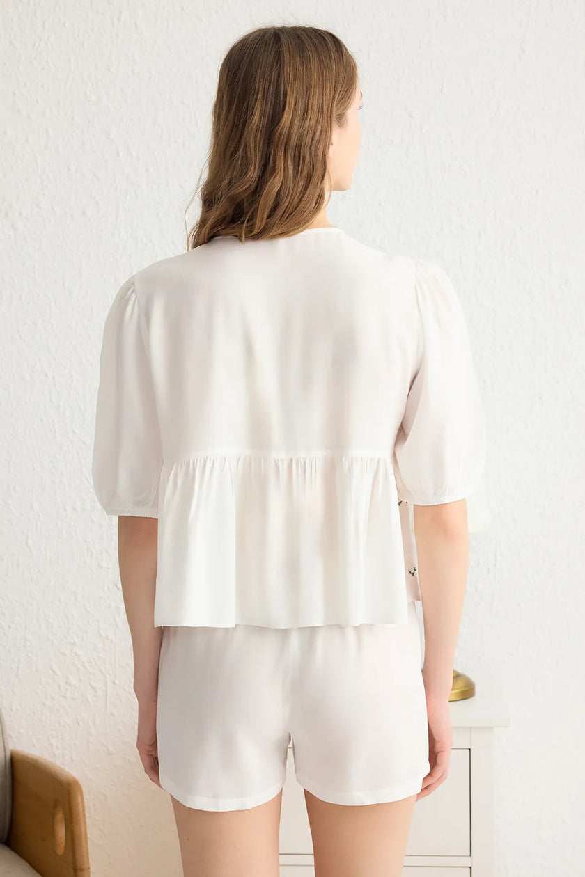 White Floral Embroidered Tie/Bow Detailed Viscose Woven Pajama Set