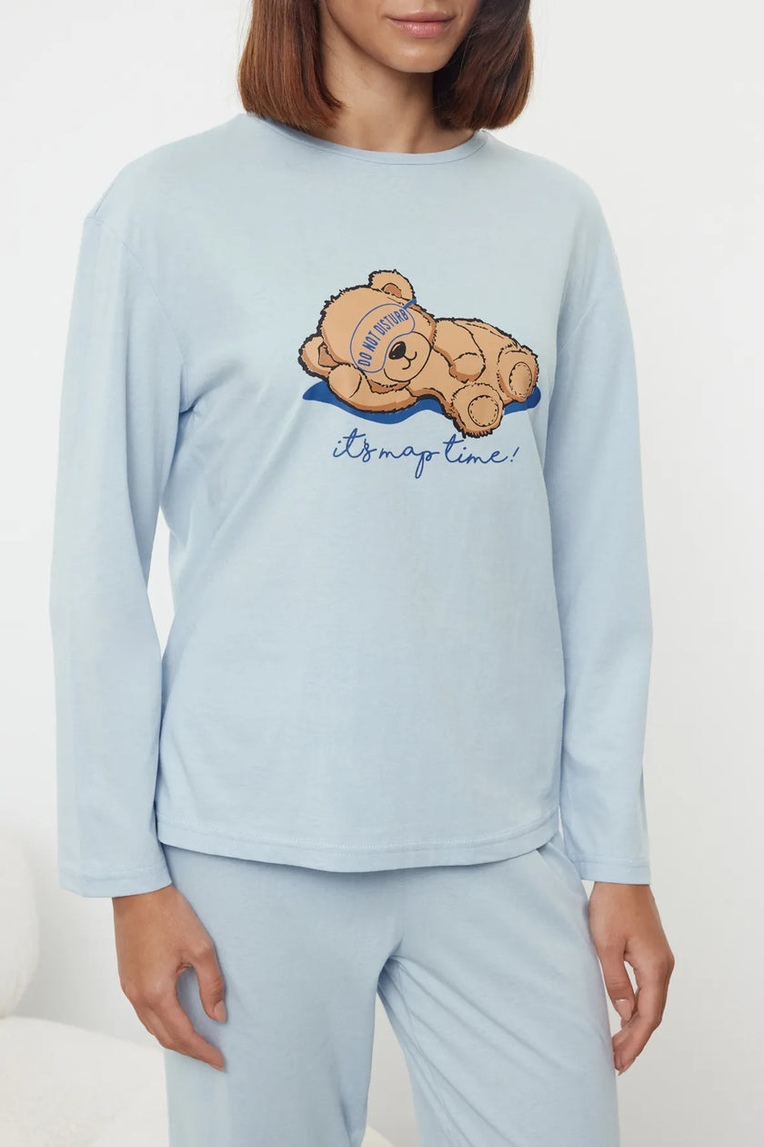 Blue Teddy Bear and Slogan Printed Knitted Pajama Set