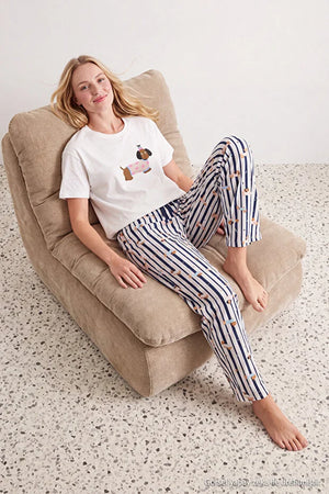 White Cotton Soft-Touch Stretch Dog Print Knit Pajama Set