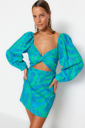Abstract Patterned Mini Woven Cut Out/Window 100% Cotton Beach Dress