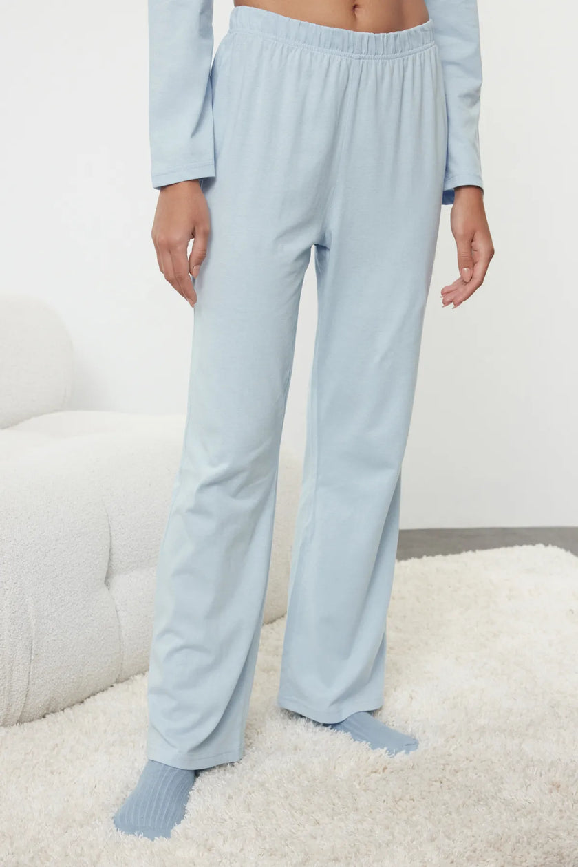 Blue Teddy Bear and Slogan Printed Knitted Pajama Set