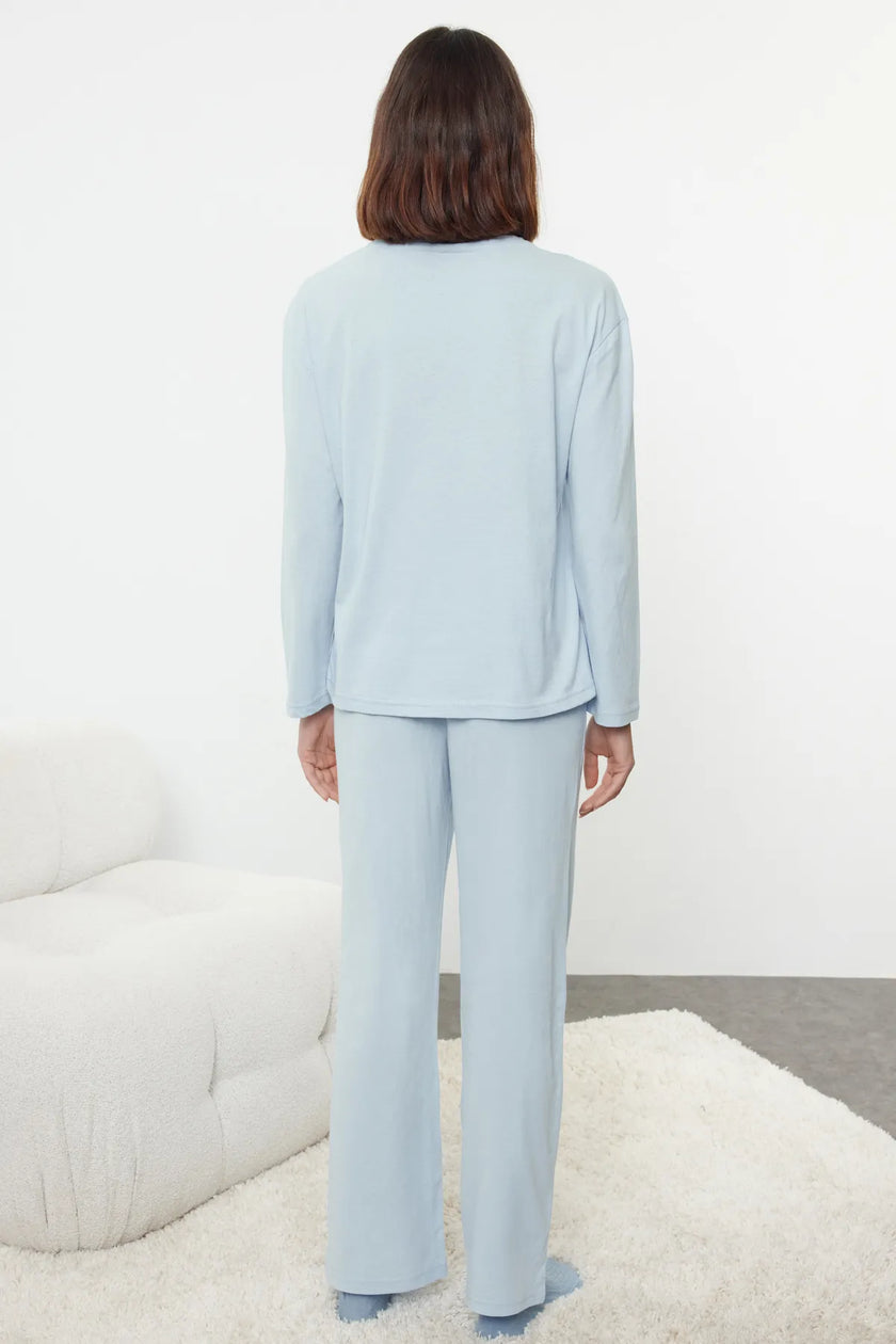 Blue Teddy Bear and Slogan Printed Knitted Pajama Set