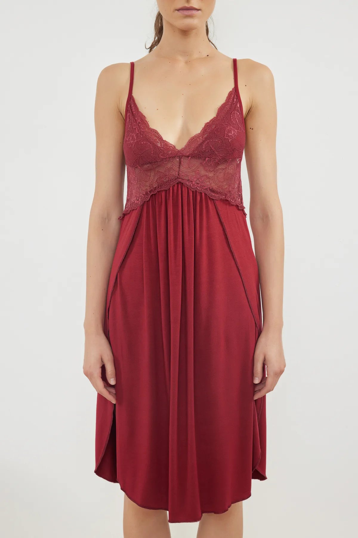 Burgundy 100% Cotton Lace Back and Slit Detailed Rope Strap Knitted Nightgown