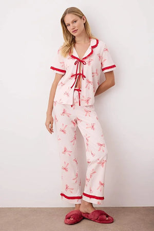 Pink-Multicolored  Ribbon/Bow Ruffle Knit Pajama Set with Trousers