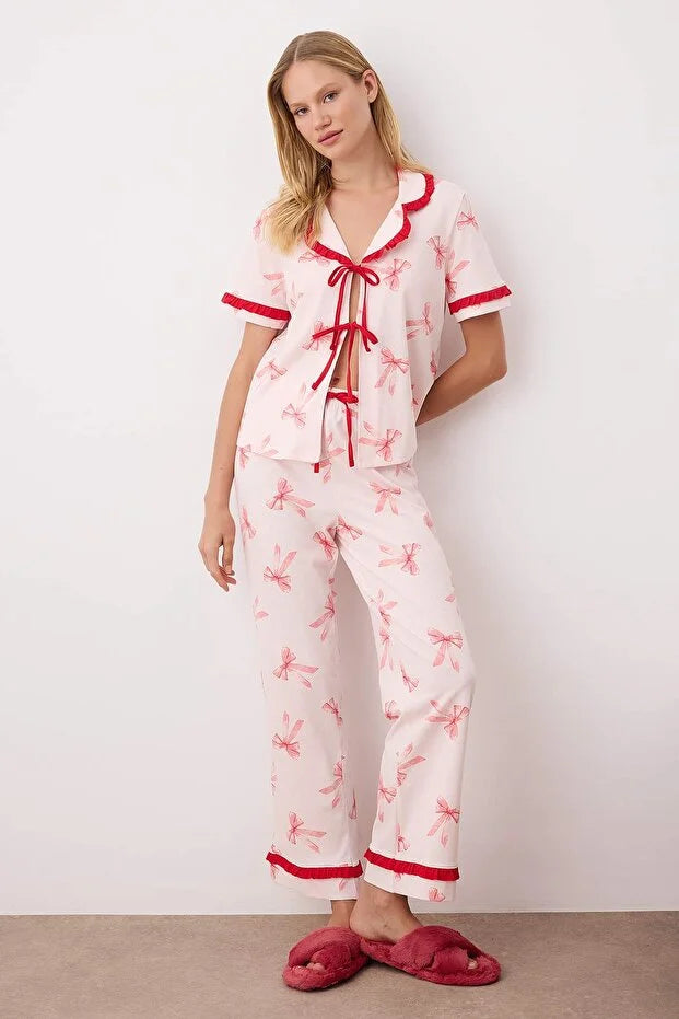 Pink-Multicolored  Ribbon/Bow Ruffle Knit Pajama Set with Trousers