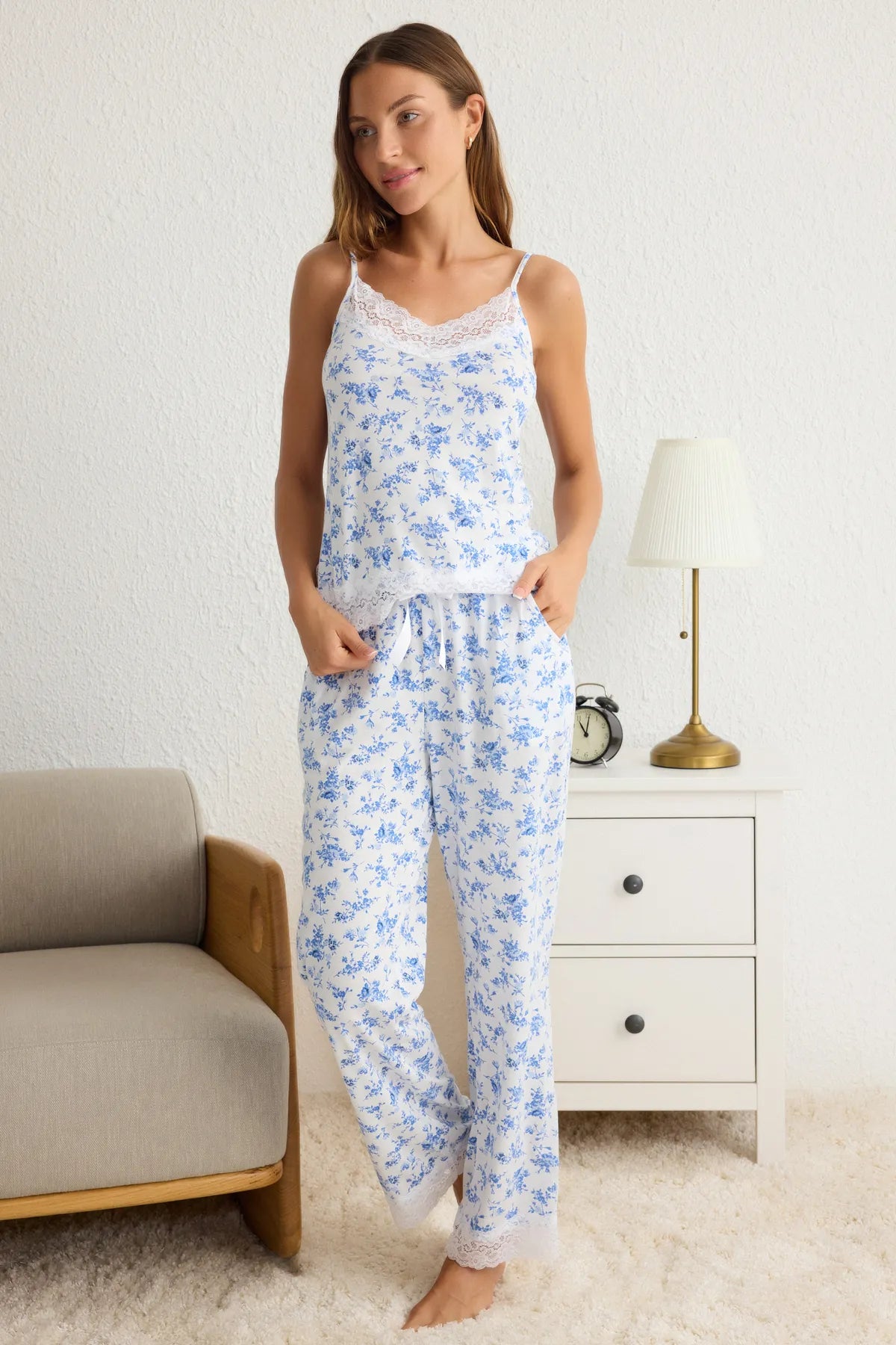 Blue-Multicolored Floral Lace and Ribbon/Bow Detailed Viscose Knitted Pajama Set