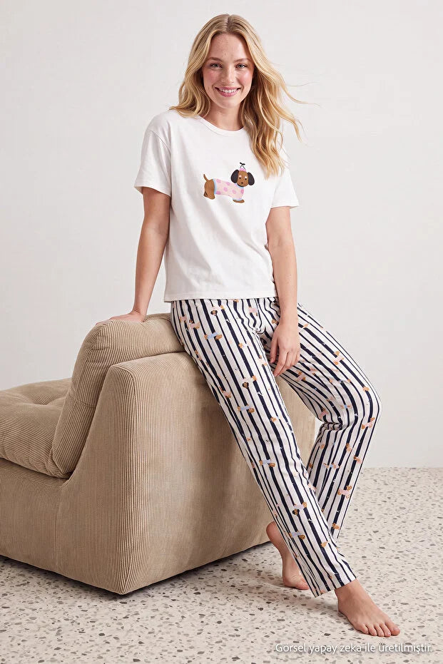 White Cotton Soft-Touch Stretch Dog Print Knit Pajama Set