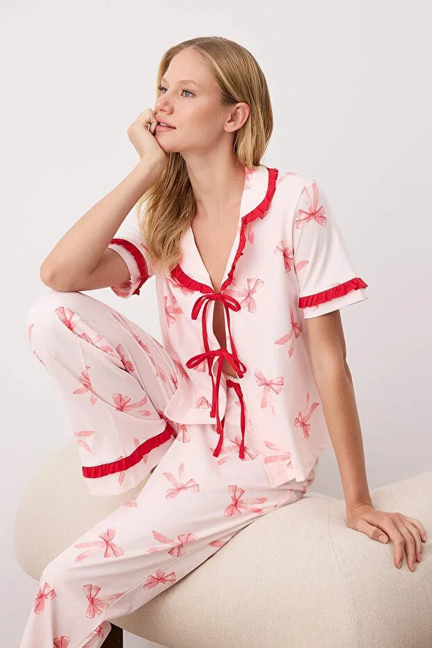 Pink-Multicolored  Ribbon/Bow Ruffle Knit Pajama Set with Trousers