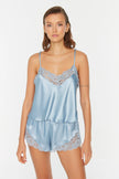 Blue Lace Rope Strap Satin Shorts Woven Pajama Set