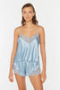 Blue Lace Rope Strap Satin Shorts Woven Pajama Set