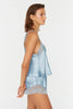 Blue Lace Rope Strap Satin Shorts Woven Pajama Set