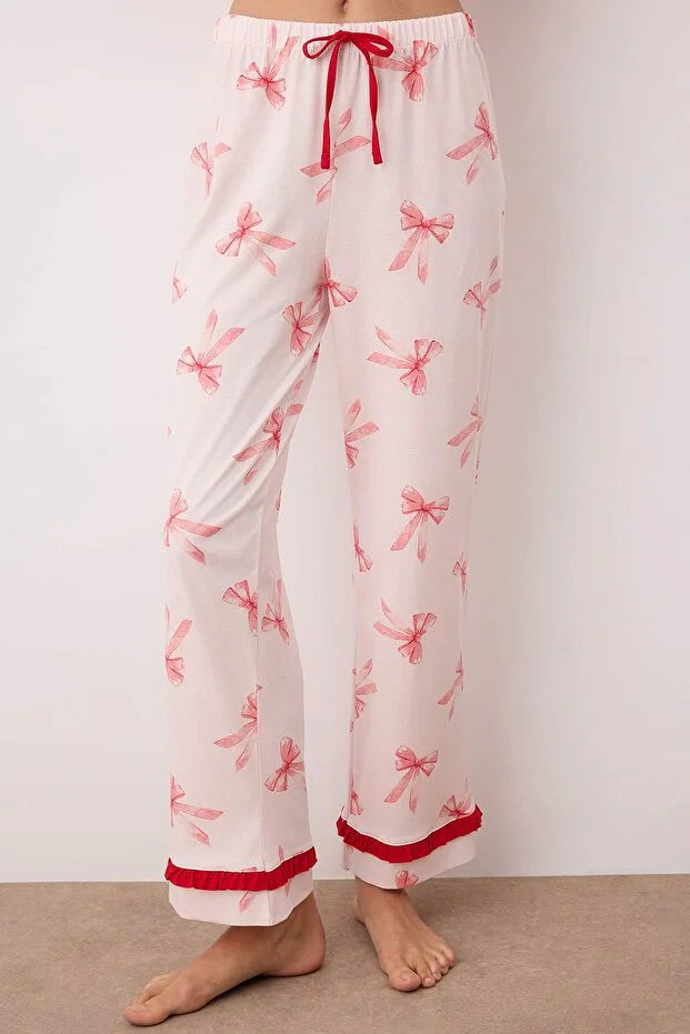 Pink-Multicolored  Ribbon/Bow Ruffle Knit Pajama Set with Trousers