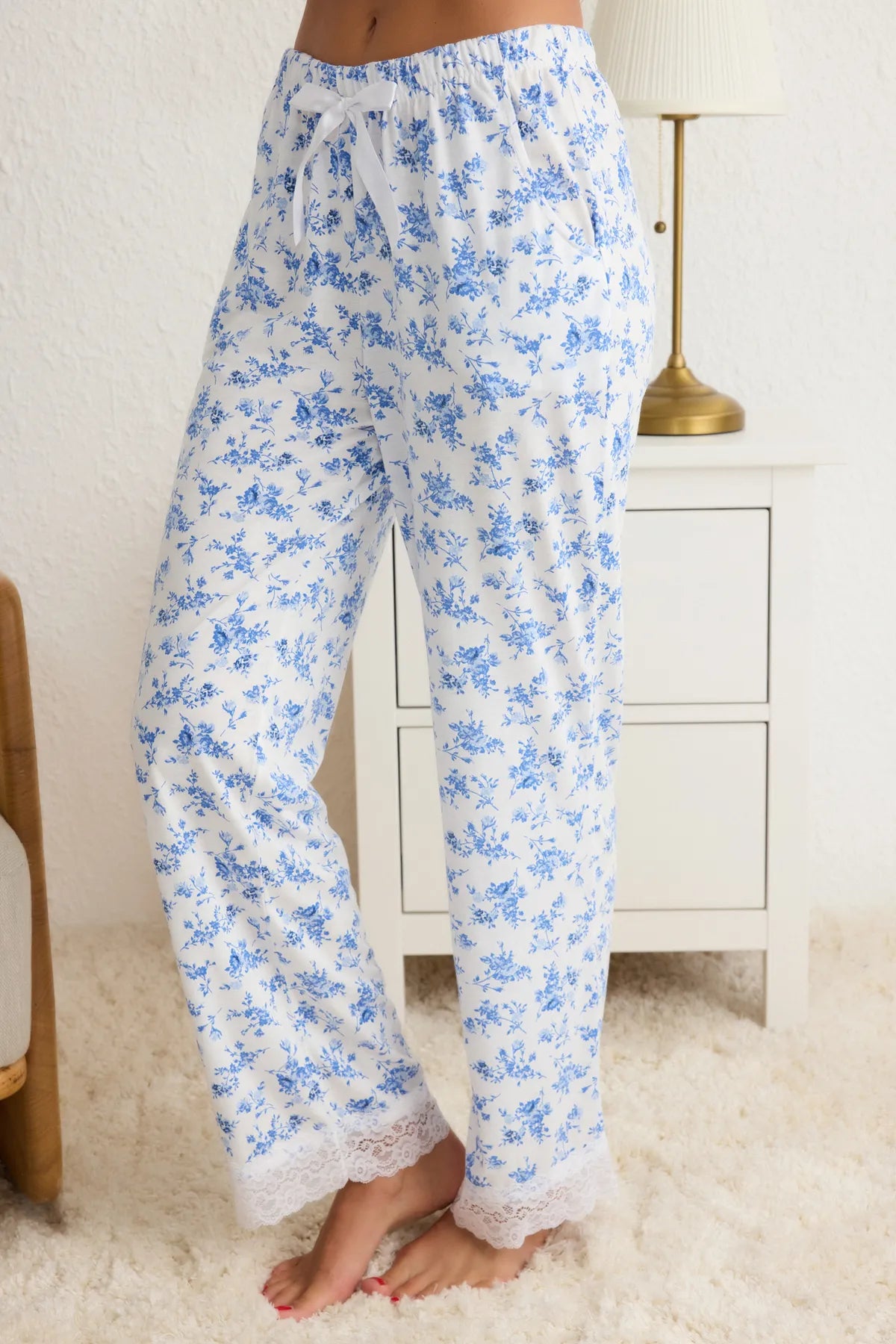 Blue-Multicolored Floral Lace and Ribbon/Bow Detailed Viscose Knitted Pajama Set