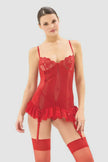 Red 4-Piece Tulle Lace Garter Belt, Stockings, and Panty Knit Babydoll/Fantasy Nightgown