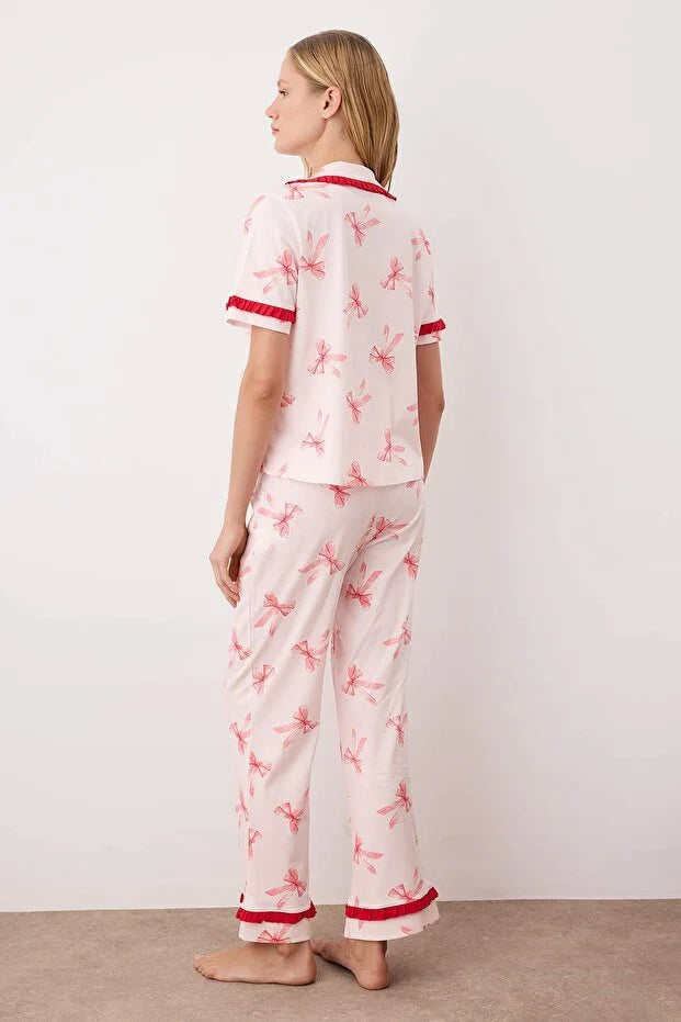 Pink-Multicolored  Ribbon/Bow Ruffle Knit Pajama Set with Trousers