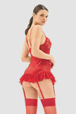 Red 4-Piece Tulle Lace Garter Belt, Stockings, and Panty Knit Babydoll/Fantasy Nightgown