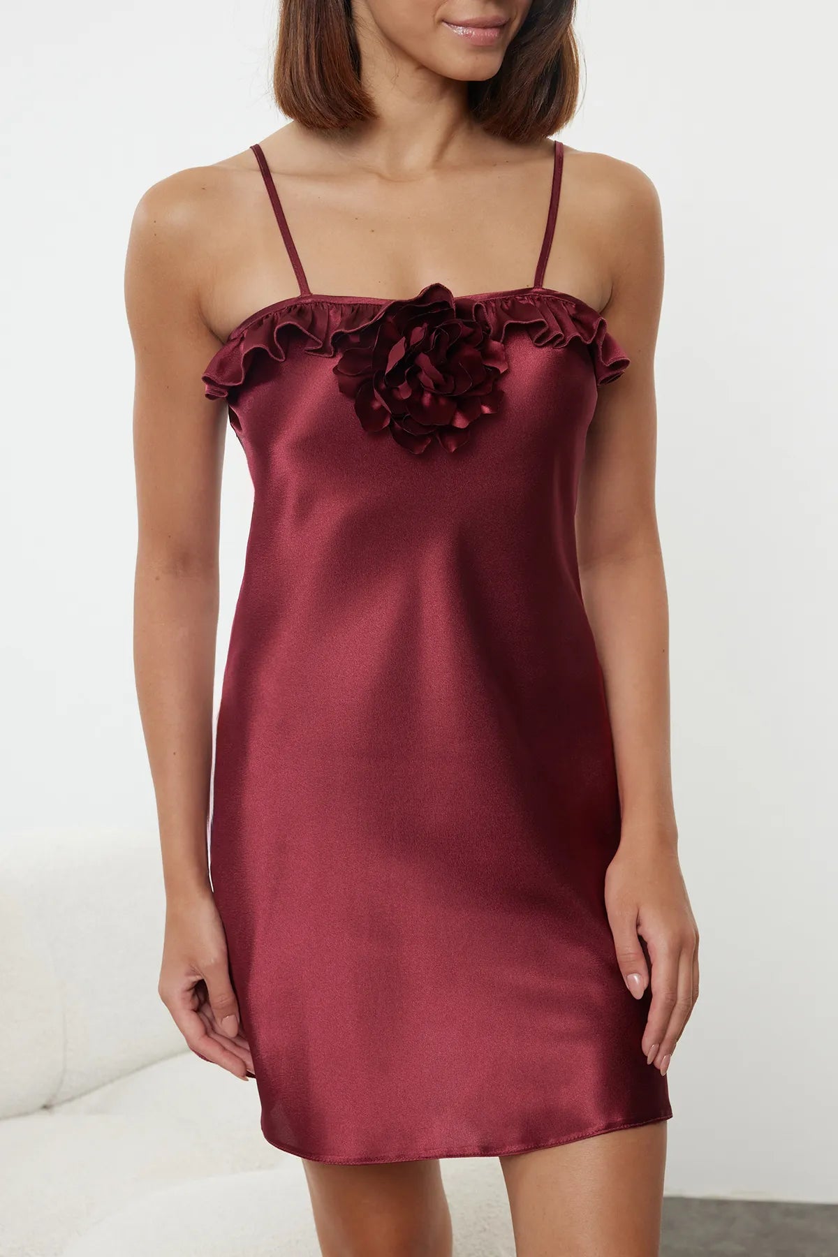 Burgundy Rose and Ruffle Detailed Rope Strap Satin Woven Nightgown