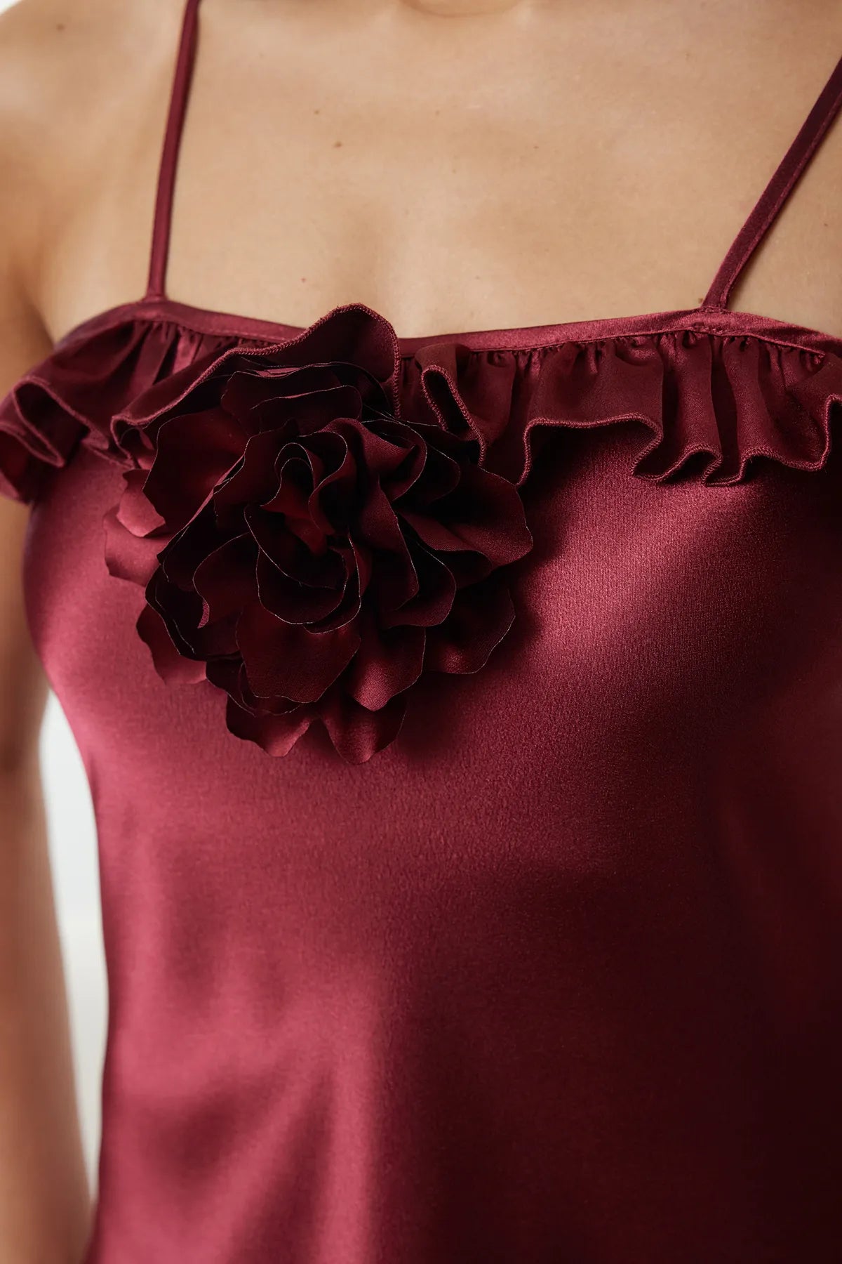 Burgundy Rose and Ruffle Detailed Rope Strap Satin Woven Nightgown