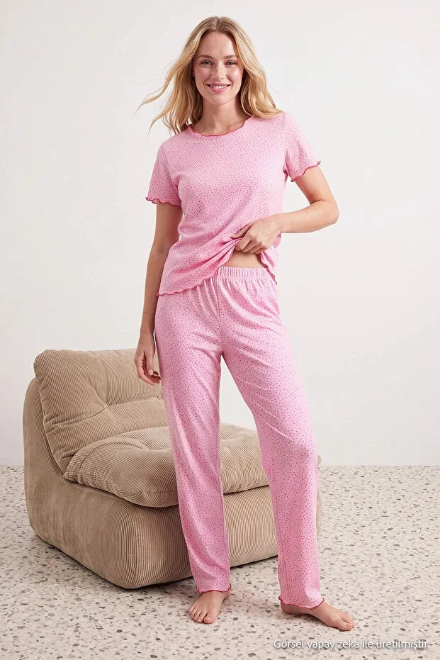 Pink 3-Piece Cotton Soft-Touch Stretch Polka Dot Knit Pajama Set