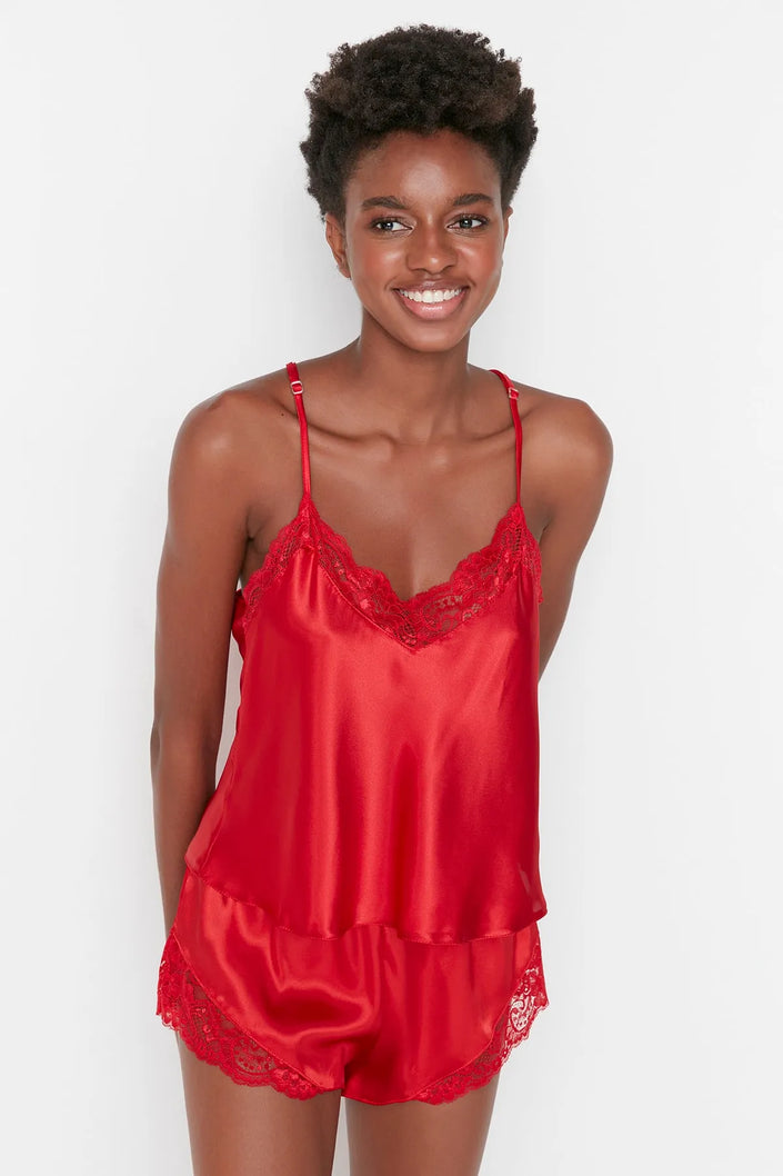 Red Lace Rope Strap Satin Shorts Woven Pajama Set