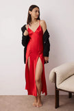 Red Satin-Woven Nightgown with Slit and Button Detail