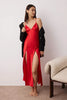 Red Satin-Woven Nightgown with Slit and Button Detail