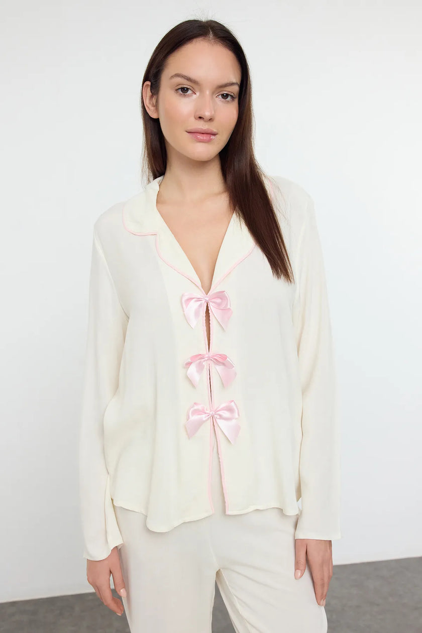 Ribbon/Bow and Piping Detailed Viscose Woven Pajama Set