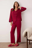 Burgundy Plain Shally Woven Pajama Set