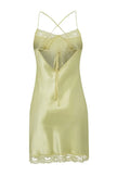 Yellow Lace and Slit Detail Spaghetti Strap Satin Woven Nightdress