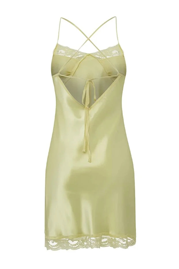 Yellow Lace and Slit Detail Spaghetti Strap Satin Woven Nightdress | Home Wear | Lingerie | Lebbse Yellow Lace and Slit Detail Spaghetti Strap Satin Woven Nightdress | Home Wear | Lingerie | Lebbse