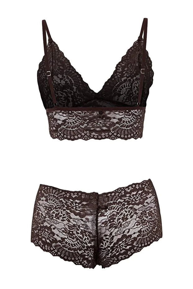Brown 3-Piece Tulle Lace Detail Non-Padded Knitted Robe & Lingerie Set