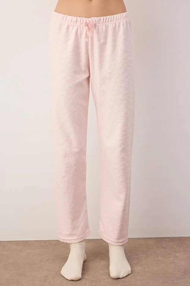 Powder Heart Pattern Knitted Pajama Set with Ruffles and Pockets