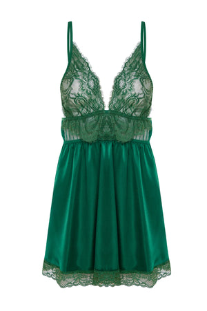 Green Satin Lace Rope Strap Knitted Babydoll
