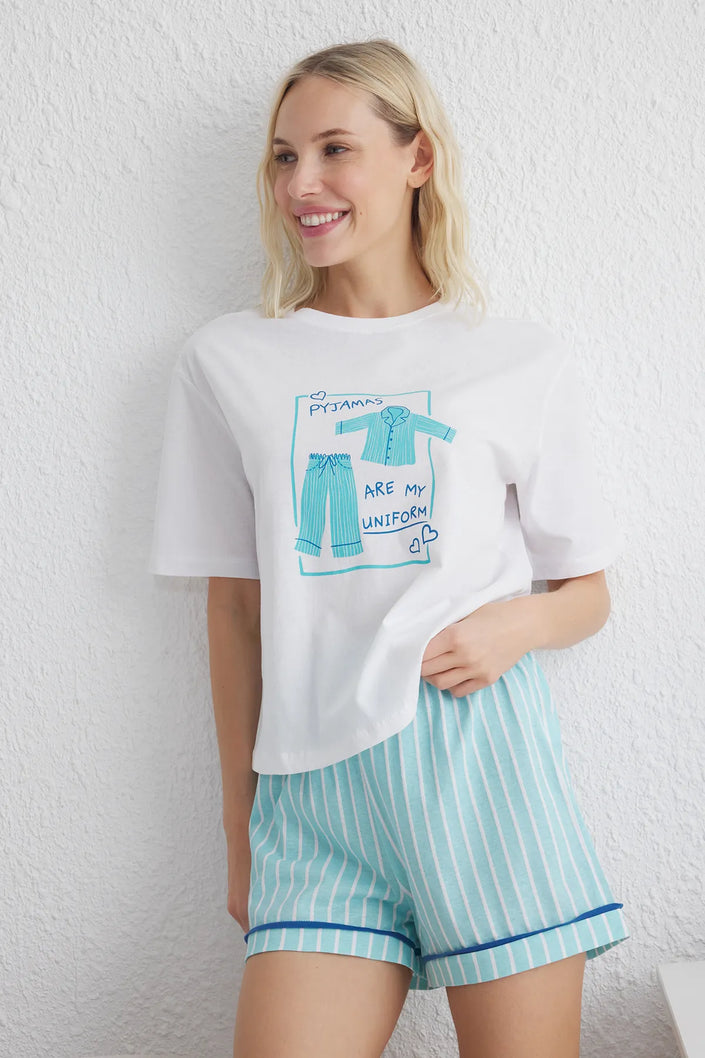 White-Blue Plain Jersey Knitted Pajama Set