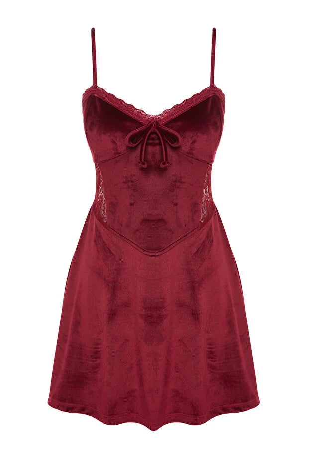Burgundy Soft-Feel Laced Velvet Knit Nightgown with Rope Straps