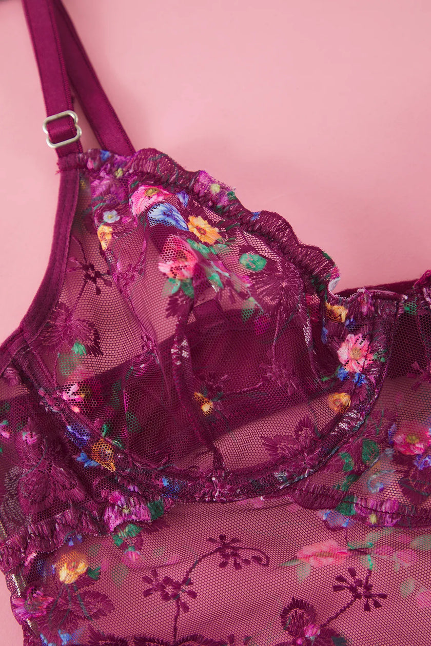 Dark Cherry Lace Embroidered Floral Uncovered Snap Knit Bodysuit