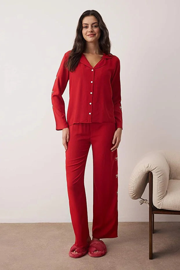 Burgundy Plain Shally Woven Pajama Set