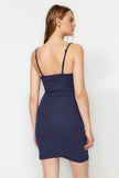 Navy Blue Cotton Lace Rope Strap Ribbed Knit Nightgown