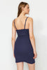Navy Blue Cotton Lace Rope Strap Ribbed Knit Nightgown