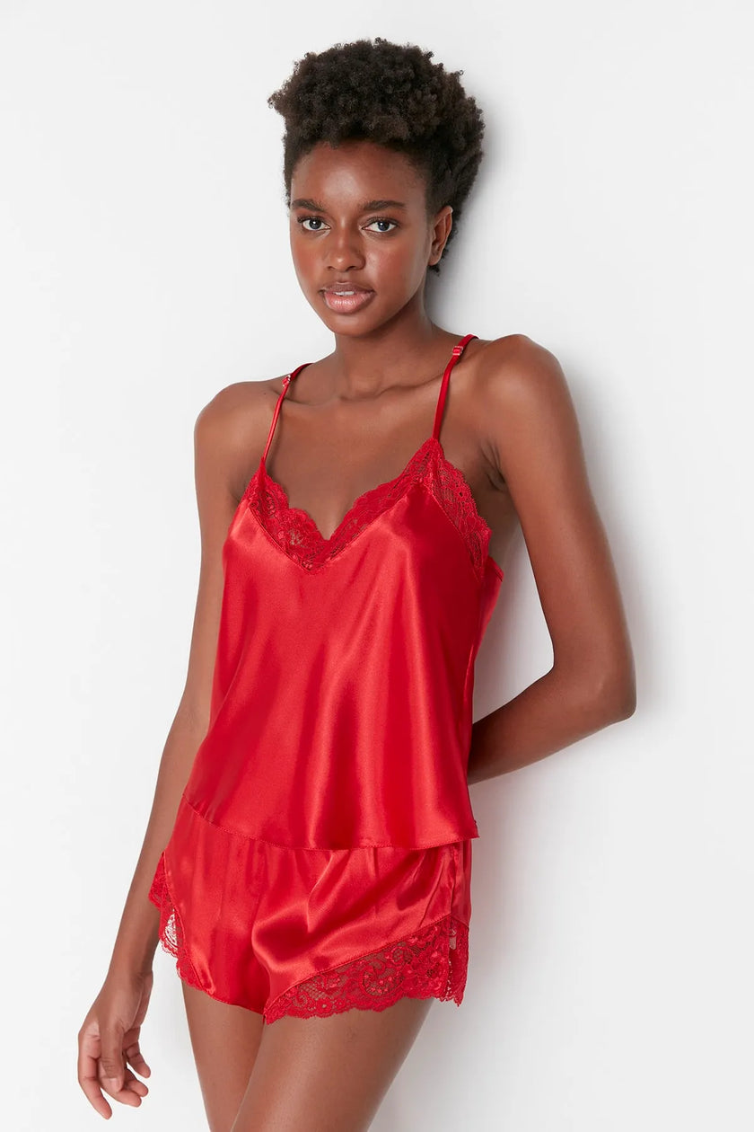 Red Lace Rope Strap Satin Shorts Woven Pajama Set