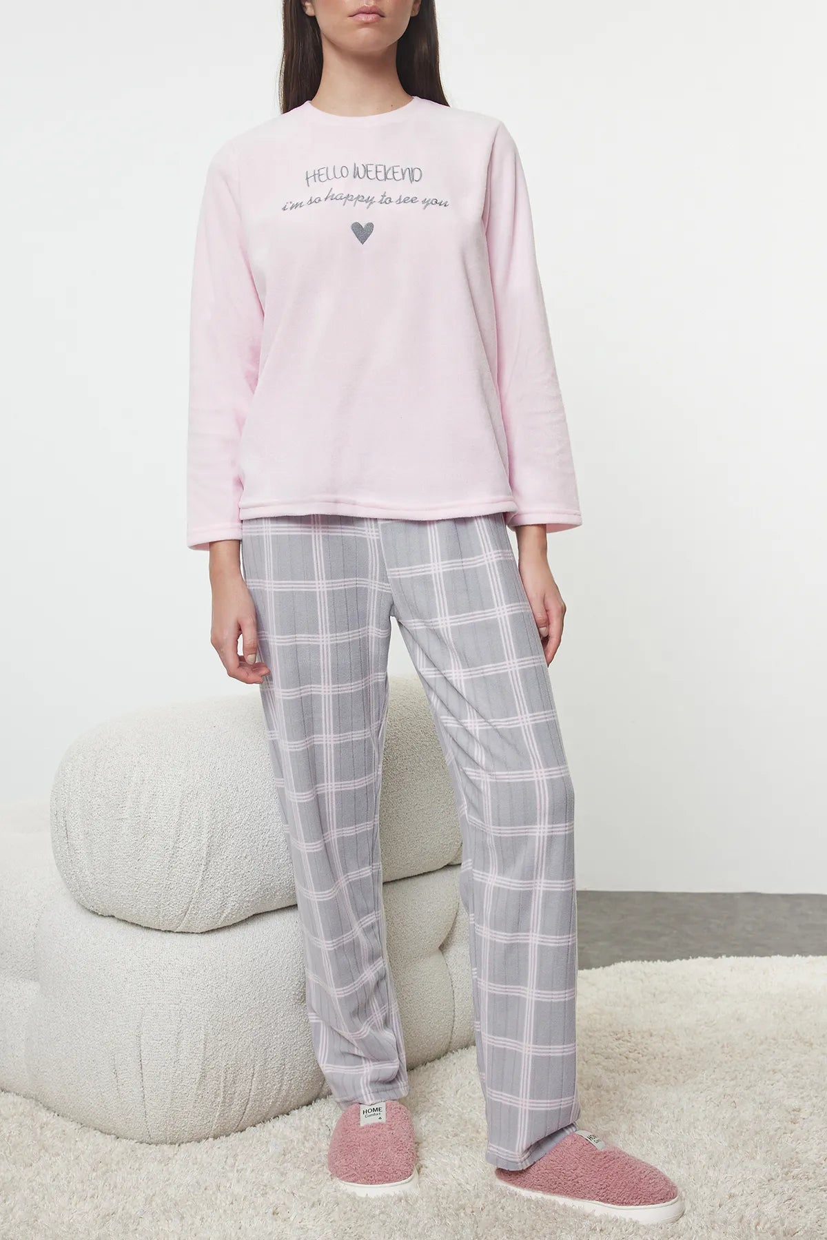 Powder Plaid Slogan and Heart Polar Winter Knitted Pajama Set