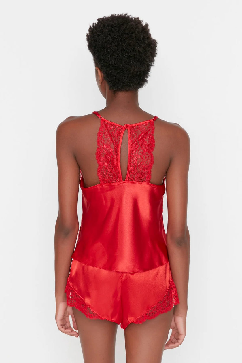 Red Lace Rope Strap Satin Shorts Woven Pajama Set